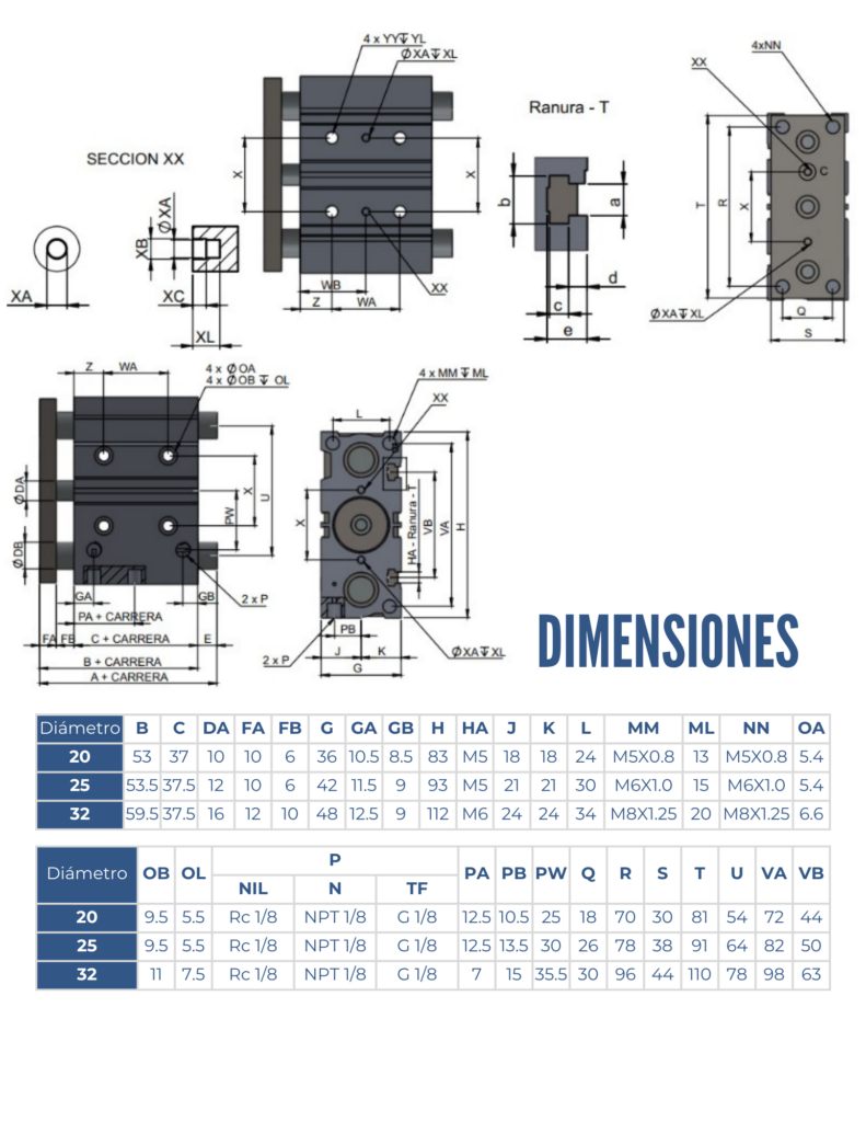 dimensiones de un Cilindro neumático