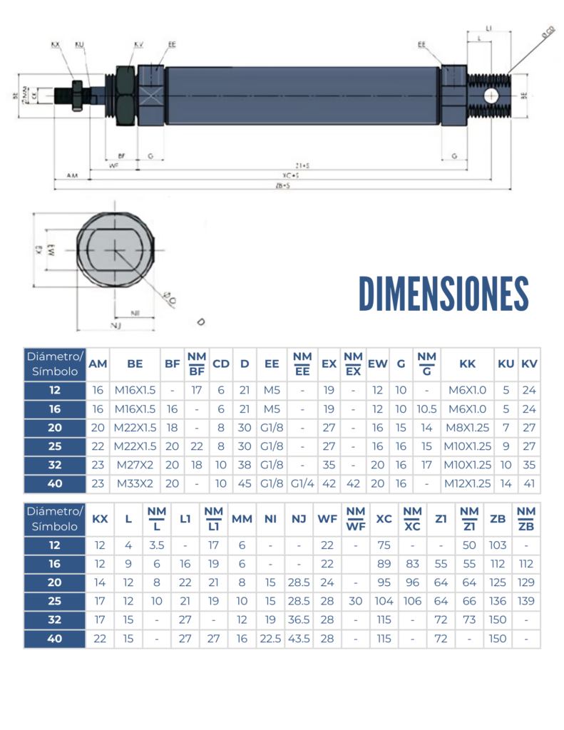 Dimensiones del cilindro YC2