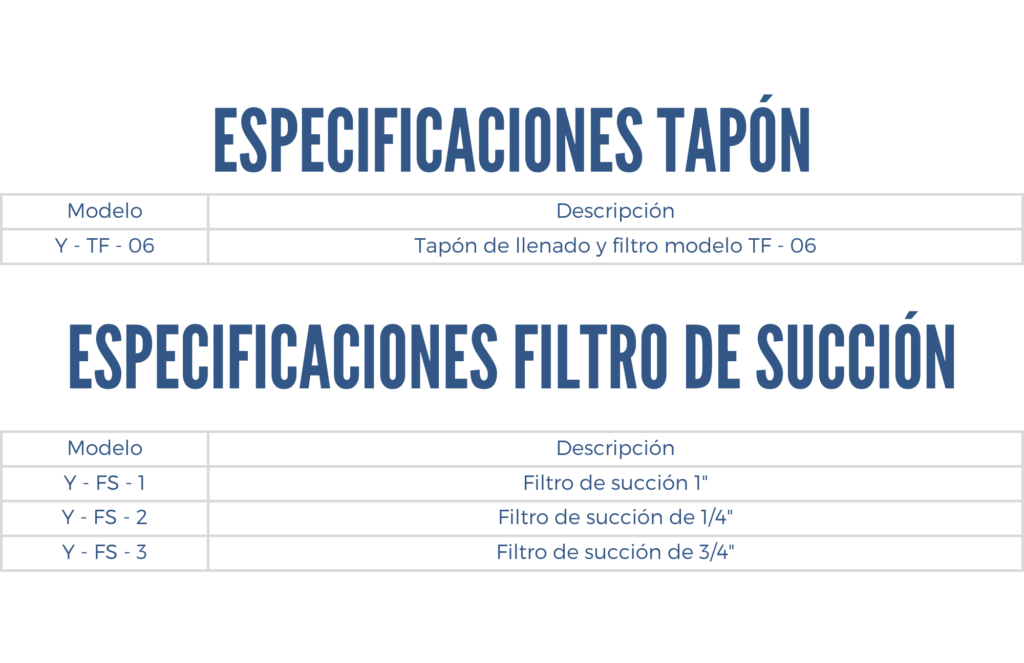 Especificaciones del tapon y filtro