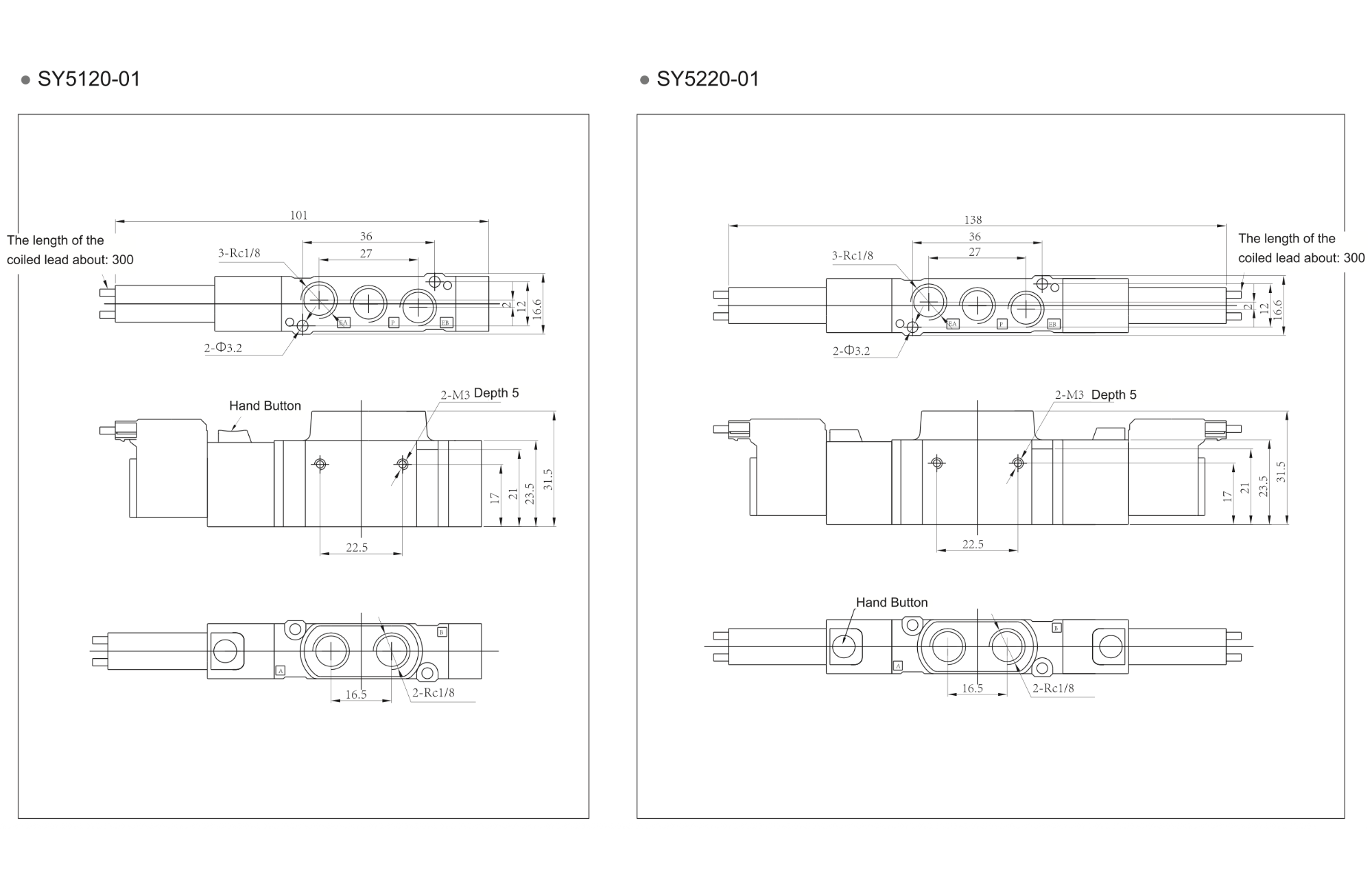 Dimensiones de las electroválvulas series SY