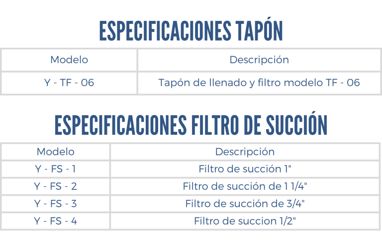 especificaciones tapon y filtro de succión